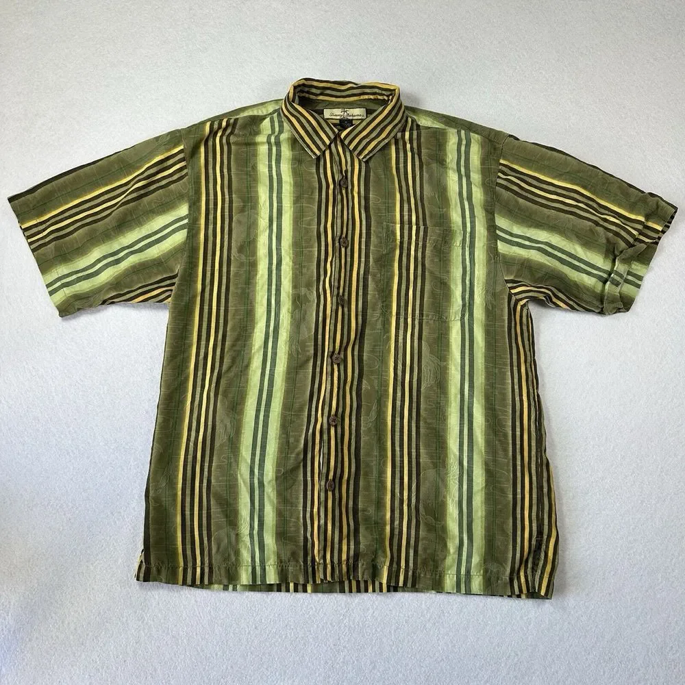 Tommy Bahama Silk Shirt Mens Medium Green Yellow‎ Crab Print Tropical Vacation